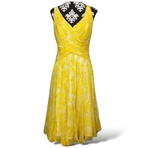 TADASHI COLLECTION 100% Silk Crinkled Fully Lined Formal Midi V-Neck Dress Sz 16